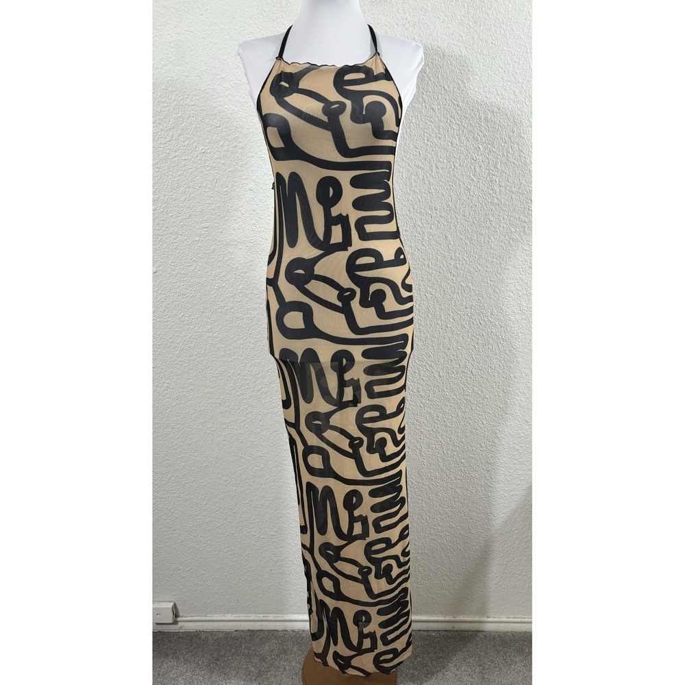 MATTE COLLECTION Dress Womens‎ Medium Beige Black Sheer Halter Backless Maxi